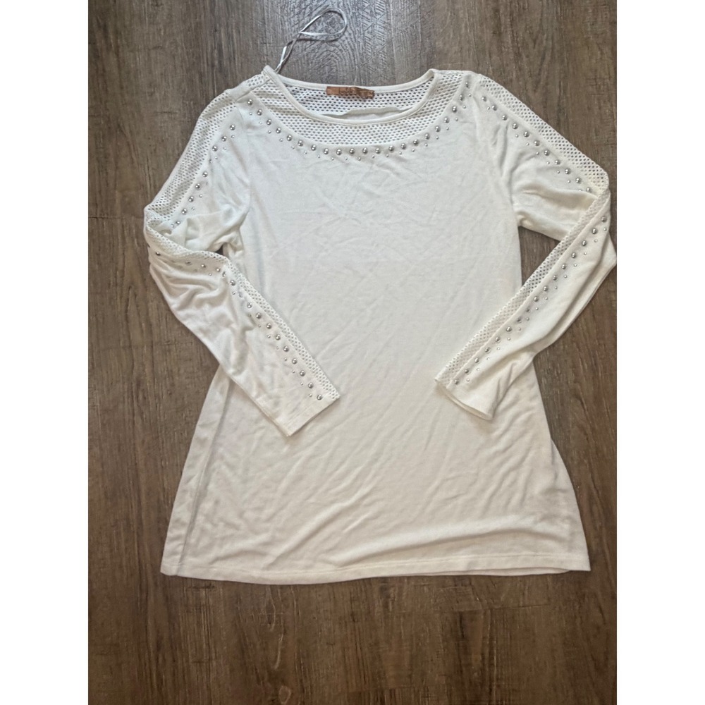 Beldini Womens Studded Mesh Trim Knit Top Cream White Long Sleeve Size M